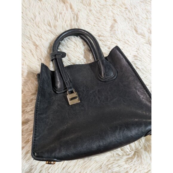 Black Faux Leather Mini Handbag With Gold Hardware & Double Handles - Picture 2 of 14